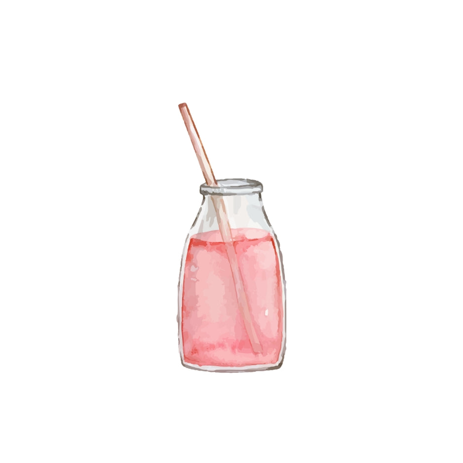 Small glass bottle with pink liquid and a straw on a white background
