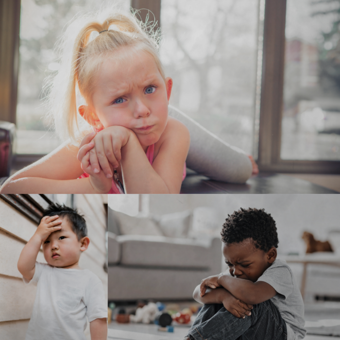 Three children showing different emotions in a collage.